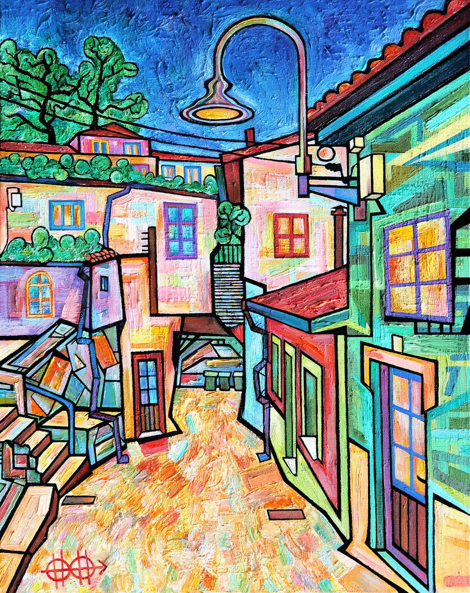 Impressionistic Landscape Oil Painting By Nikita Ostapenco, 15 X 19", Night Cudillero Walks #2, Original Artwork