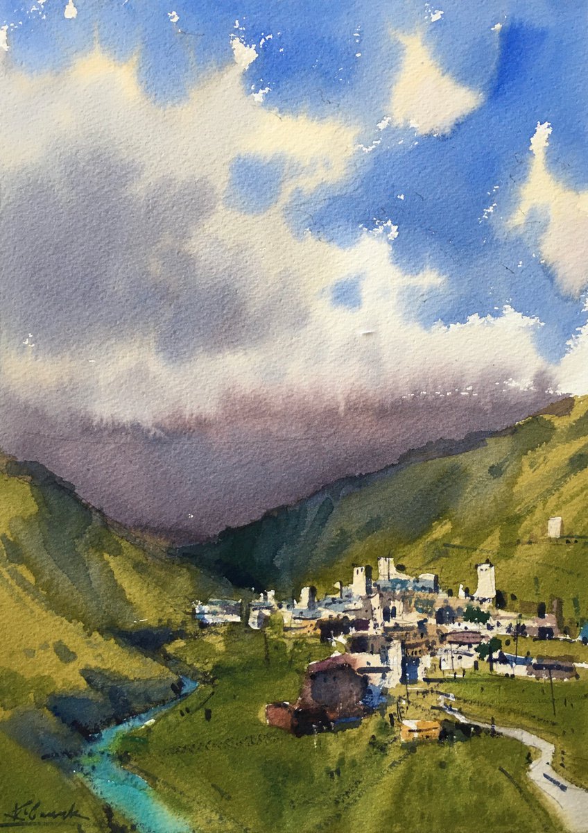 Impressionistic Landscape Watercolour By Andrii Kovalyk, 10 X 14, View Of Ushguli. Georgia, Original Artwork