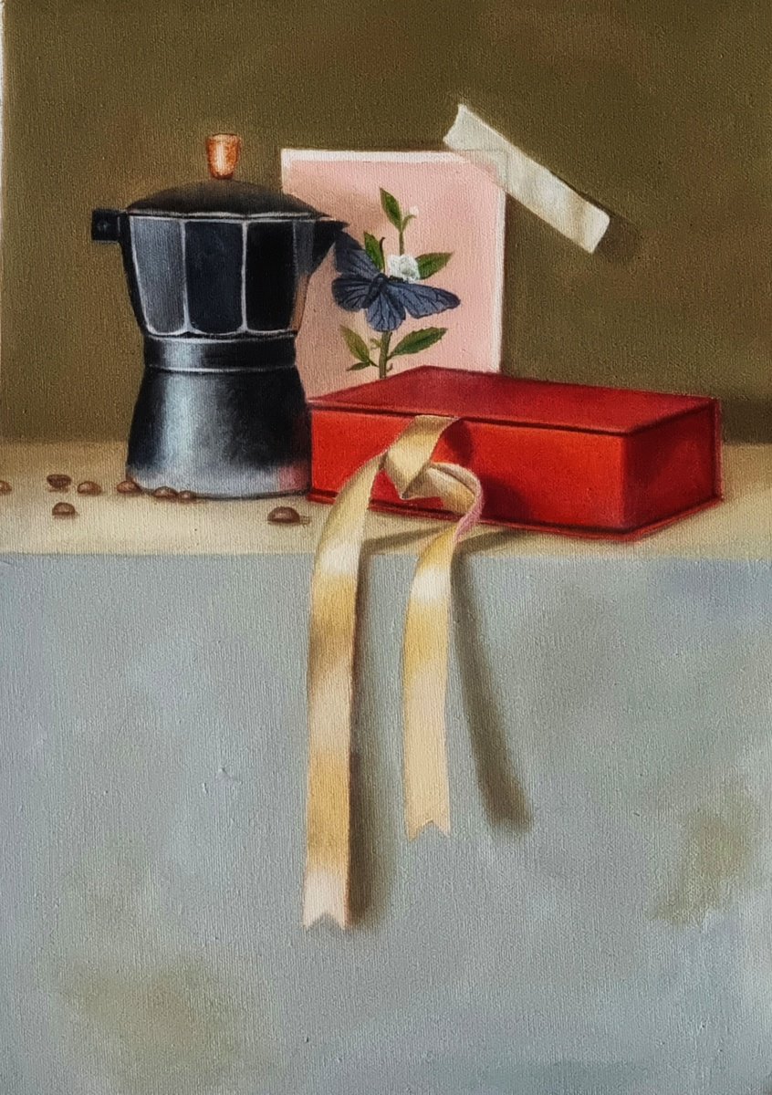 Still Life Oil Painting By Priyanka Singh, 9 X 12", Red Gift Box, Original Artwork