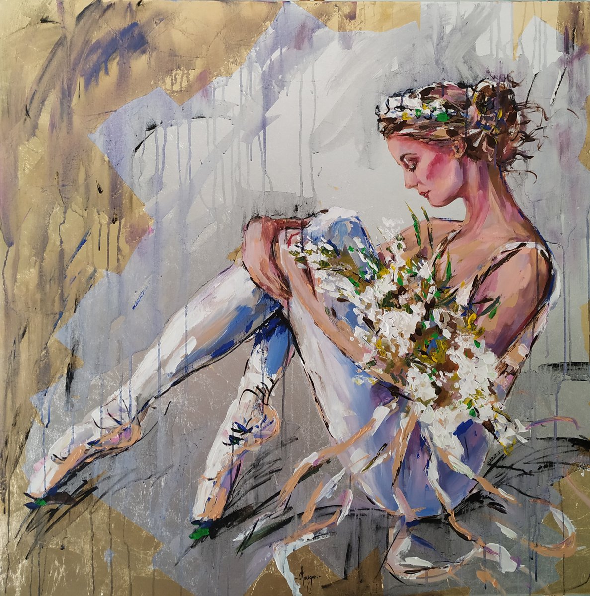 Hold This Moment II- Ballerina painting-Ballet painting by Antigoni Tziora