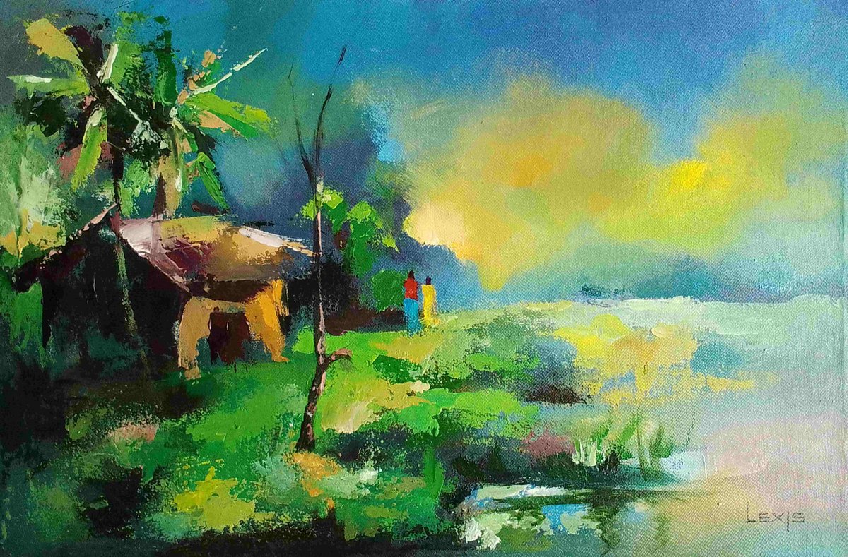 Sunset In The Village By Alex Mensah, 20 X 13, Artwork For Sale On Artfinder