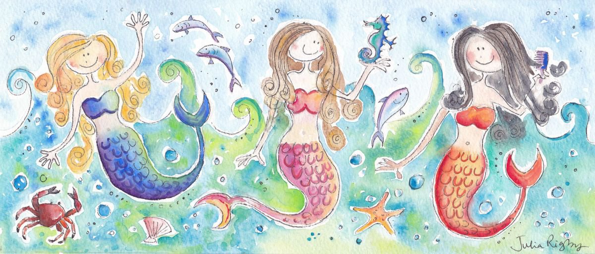 Three Mermaids Watercolour by Julia Rigby Artfinder