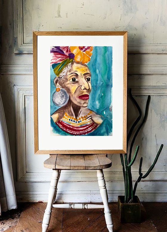 Flower Head African Woman Original Painting