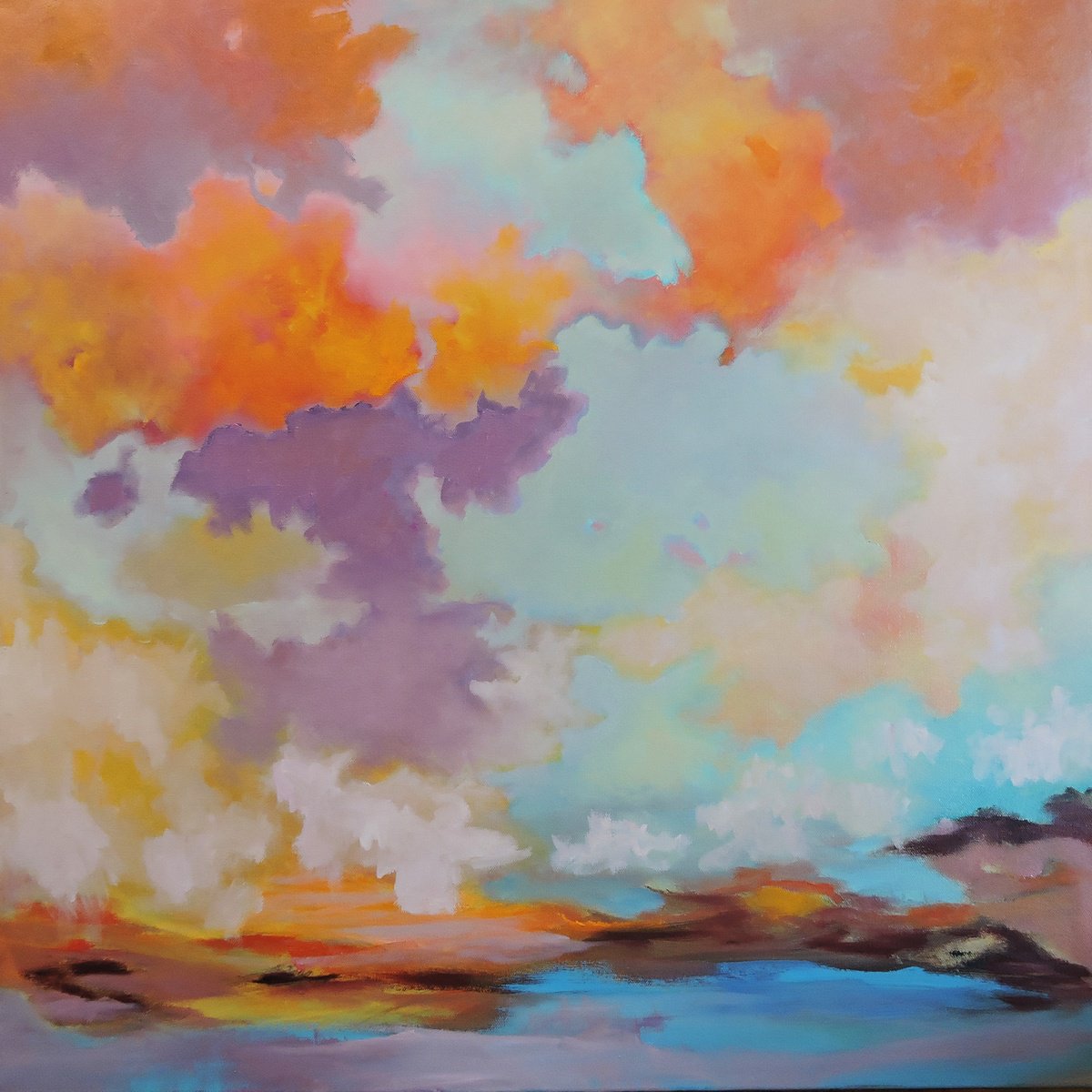 Impressionistic Landscape Oil Painting By Veta Barker, 30 X 30", Cotton Clouds, Original Artwork