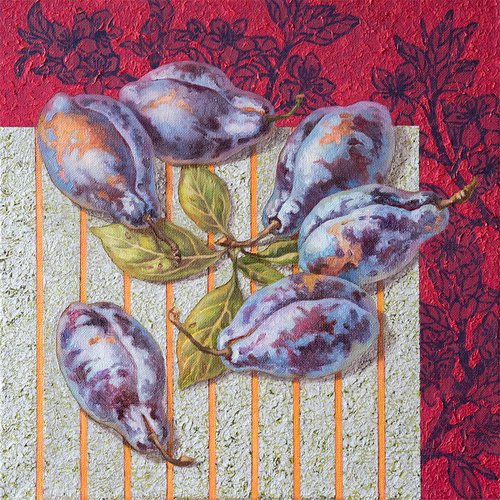 Plums with leaves on silver background by Mariia Meltsaeva