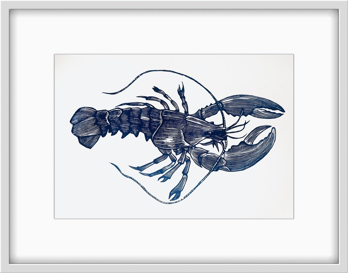 Animal Linocut By Amy Cundall, 12 X 17, Blue Lobster, Original Artwork