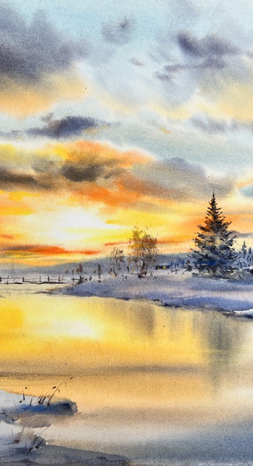 Winter sunset in the village by Eugenia Gorbacheva