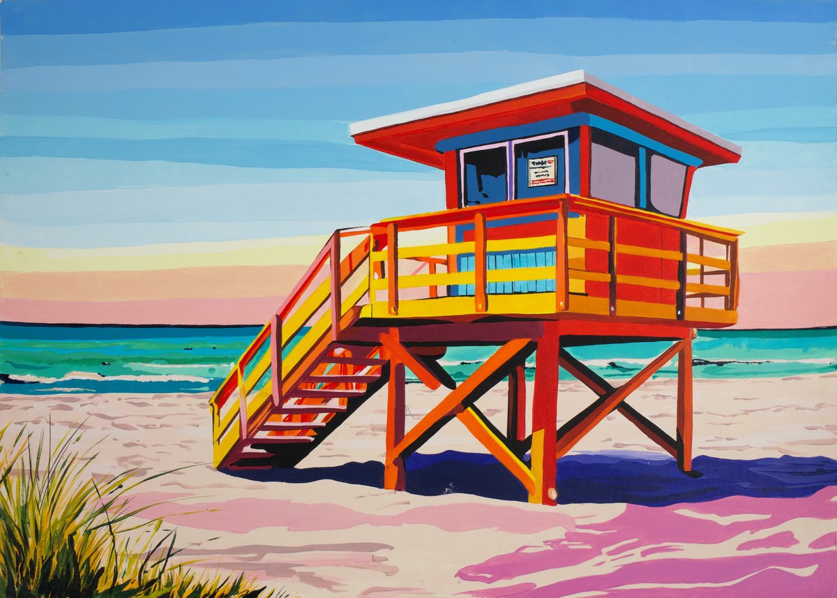Illustrative Landscape Acrylic Painting By Kosta Morr, 17 X 12", Lifeguard Tower, Original Artwork
