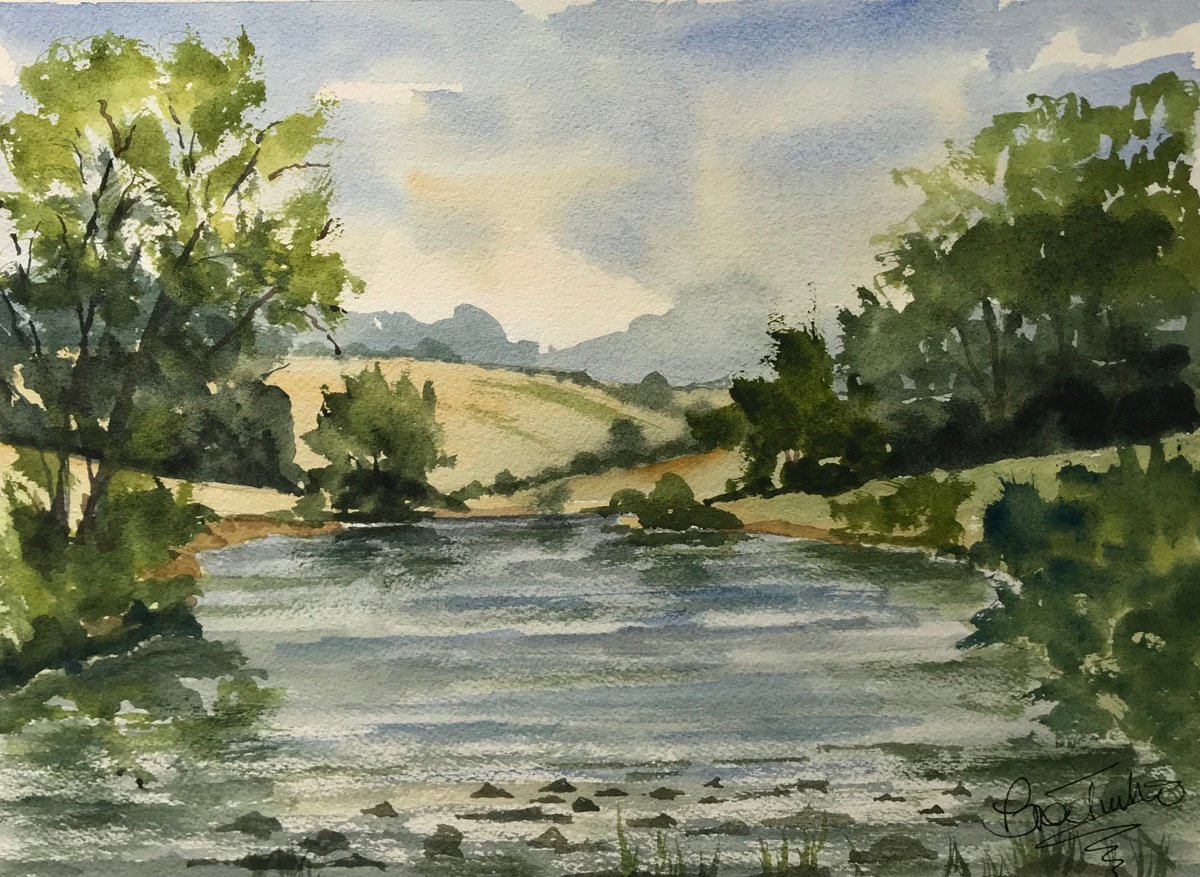 Expressive Landscape Watercolour By Brian Tucker, 14 X 10, The Derwent At Chatsworth, Original Artwork
