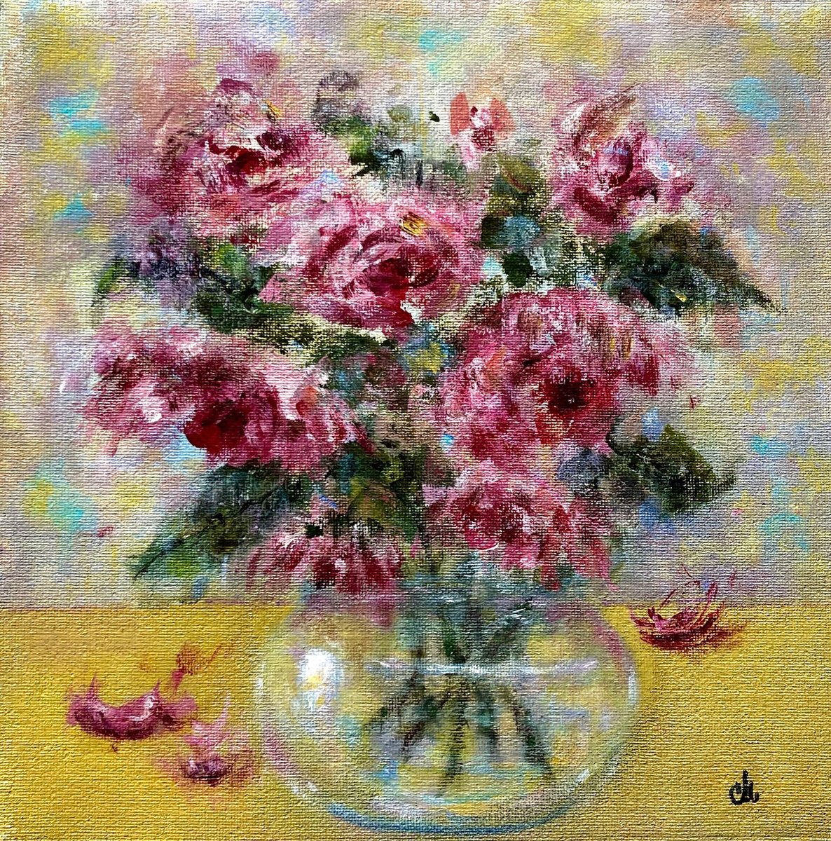 Impressionistic Still Life Acrylic Painting By Cristina Mihailescu, 10 X 10, The Poetry Of Roses, Original Artwork