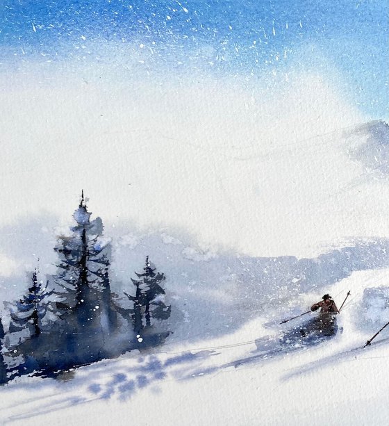 Skiers on the slope, downhill skiing on a snowy slope original artwork watercolor painting with winter landscape in medium size