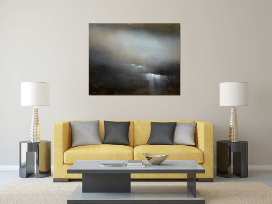 Blue dam 120x90 cm  - gold particles original oil painting landscape gift modern urban art office art decor home decor gift idea