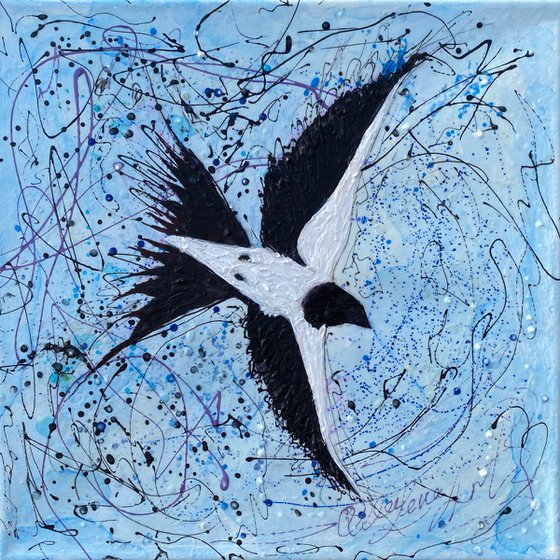 Abstract Bird Against the Sky Pollock Inspired + Palette Knife Painting on Canvas - 14 "X 14" X 0.5"