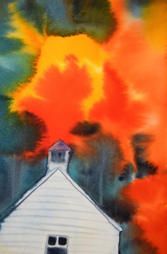 Fall abstract landscape original watercolor painting, cabin autumn forest, housewarming gift