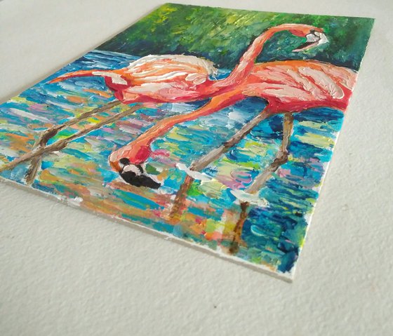 Flamingo Painting Original Art Impasto Couple Bird Artwork