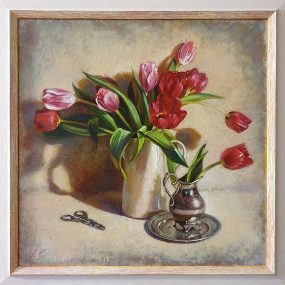 "Spring tulips" still life  metal silver tulip liGHt original painting  GIFT (2019)