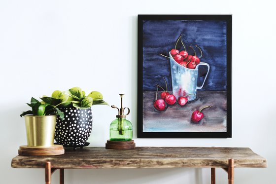 Cherries on darkness light - original watercolor artwork