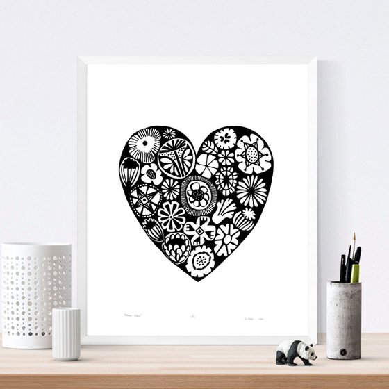 Flower Heart in Black - Unframed - FREE Worldwide Delivery