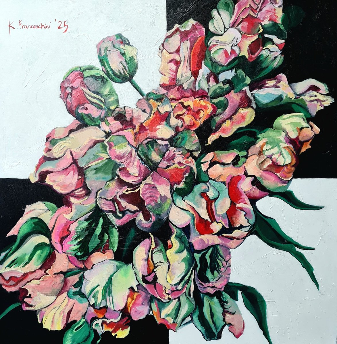 Abstract Oil Painting By Karolina Franceschini, 39 X 39", Checkmate Ii, Original Artwork