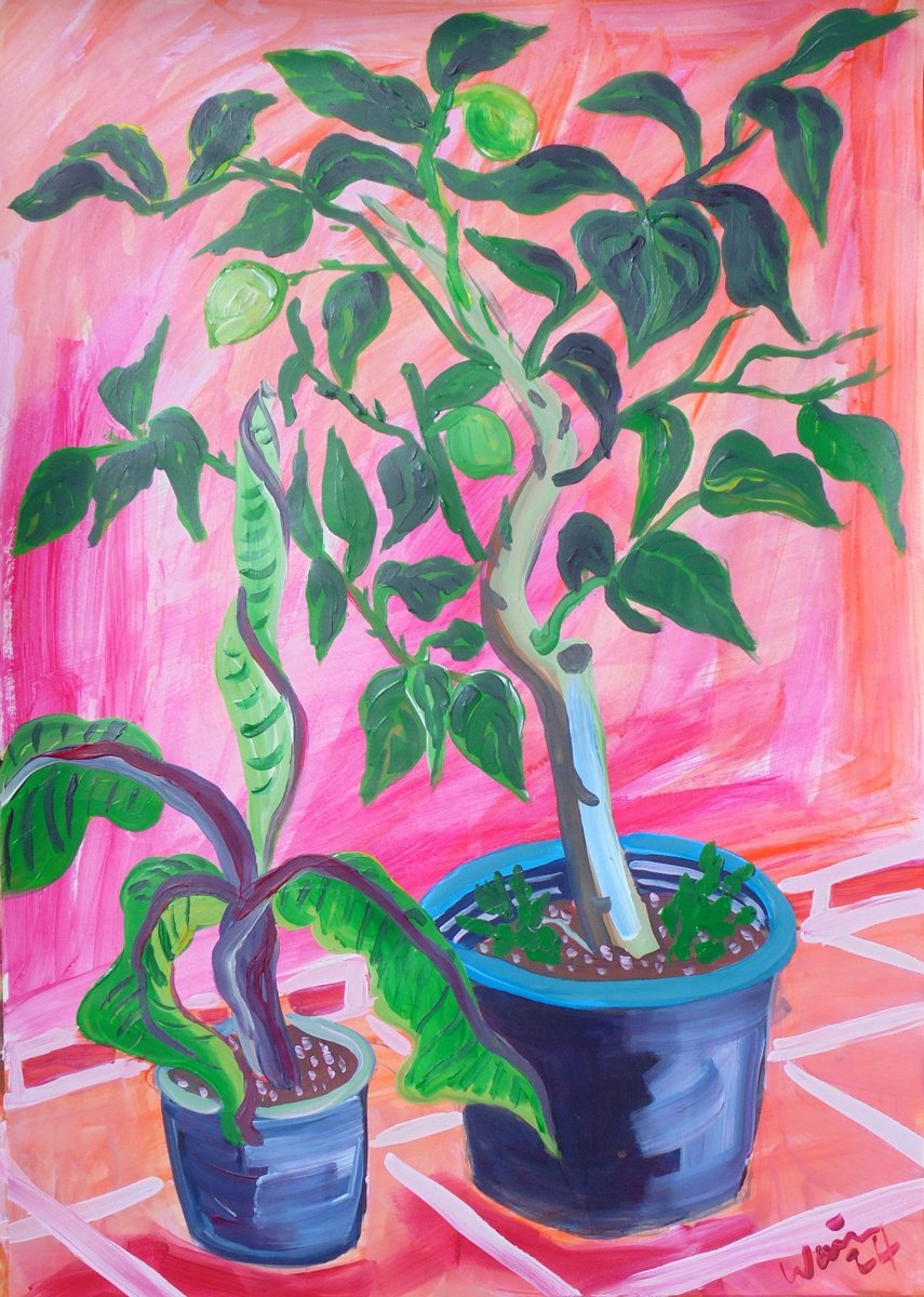 Expressive Landscape Acrylic Painting By Kirsty Wain, 17 X 23", Lemon Tree And Banana Plant, Original Artwork