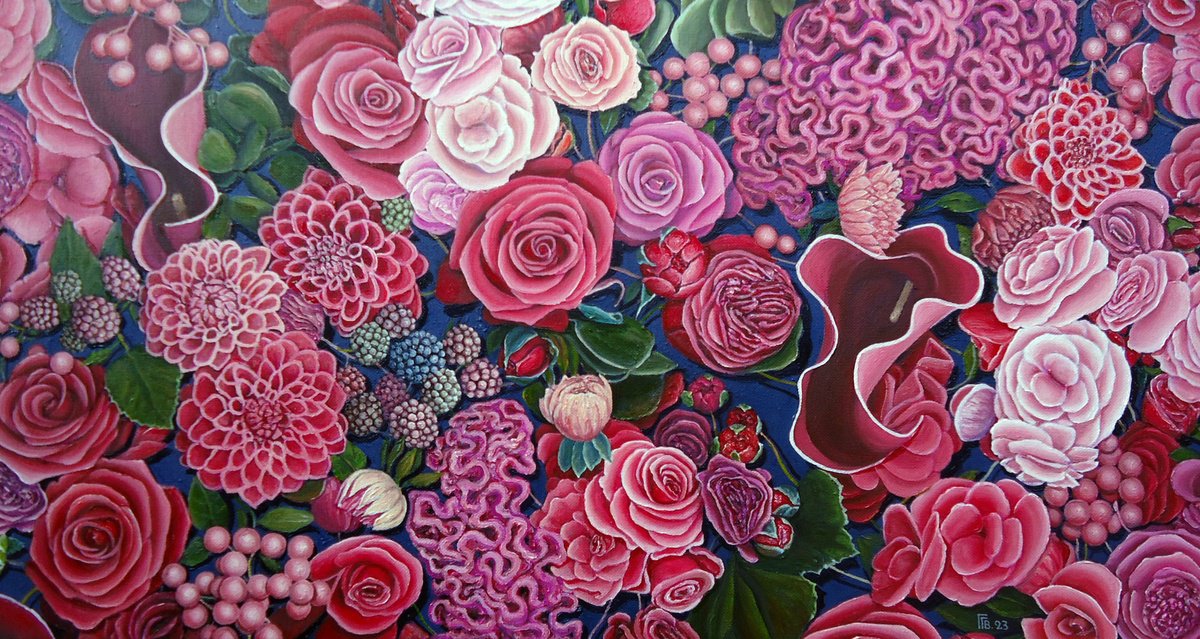 Photorealistic Botanical Oil Painting By Grigor Velev, 28 X 15, Fifty Shades Of Pink Ii, Original Artwork