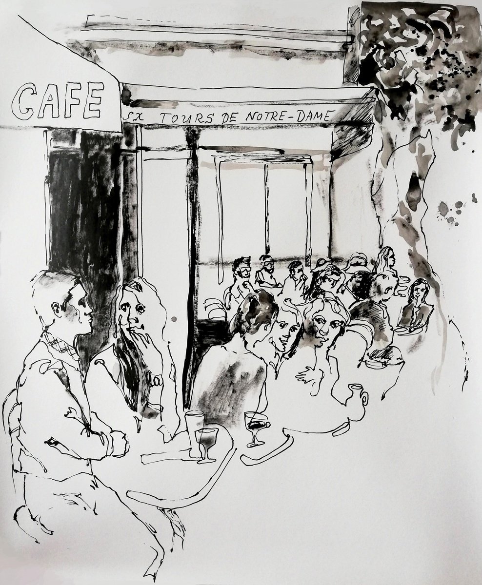 Impressionistic Portrait Ink Drawing By Jelena Djokic, 17 X 20, Aux Tours De Notre Dame, Original Artwork