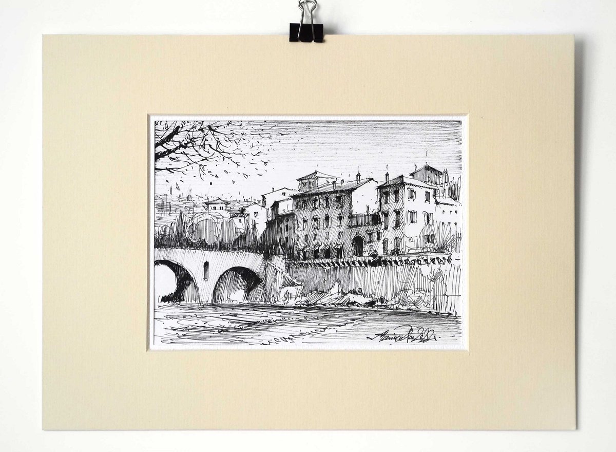 Verona, Ponte Pietra, artistic ink pen drawing. by Marin Victor