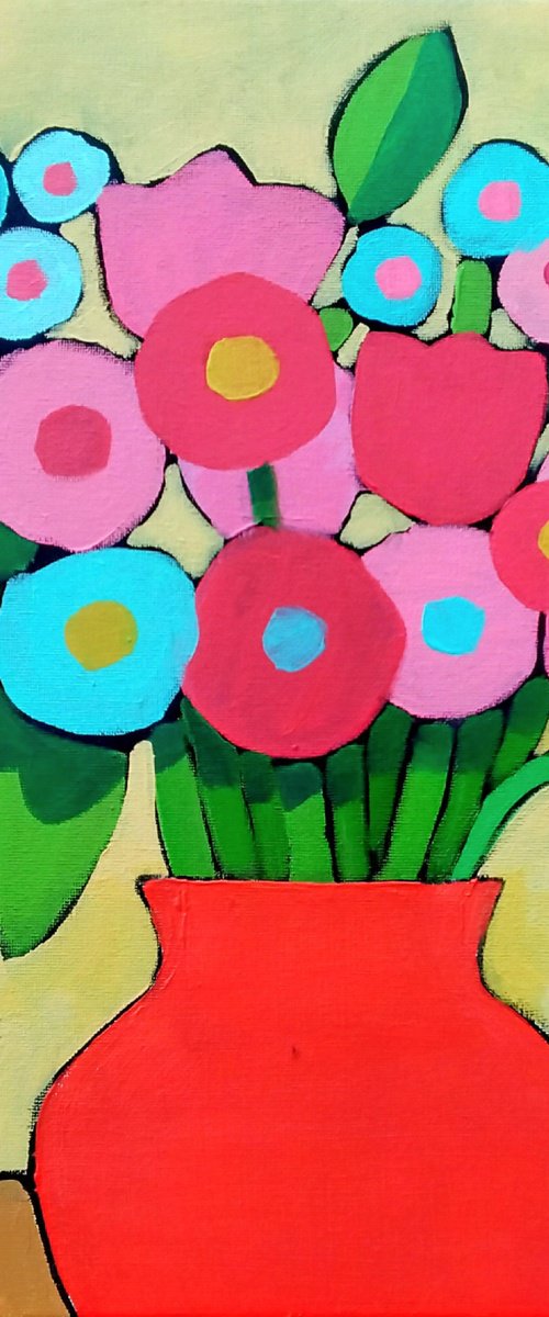 Spring Flowers in a Red Vase by Jan Rippingham