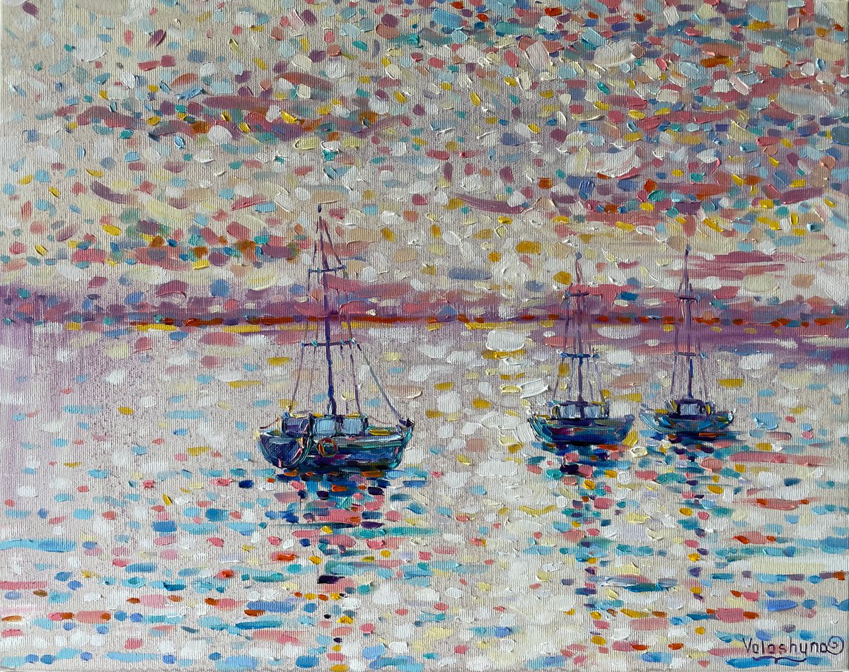 Impressionistic Landscape Oil Painting By Mary Voloshyna, 20 X 16", Colored Boats, Original Artwork