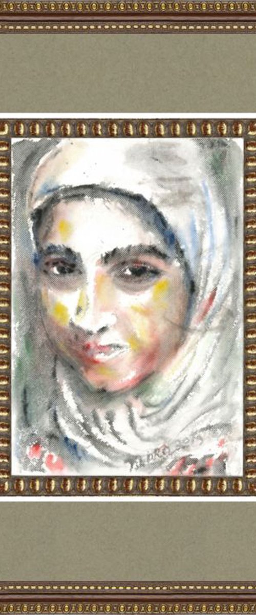 GIRL IN A WHITE SCARF - female portrait of oriental girl by Karakhan