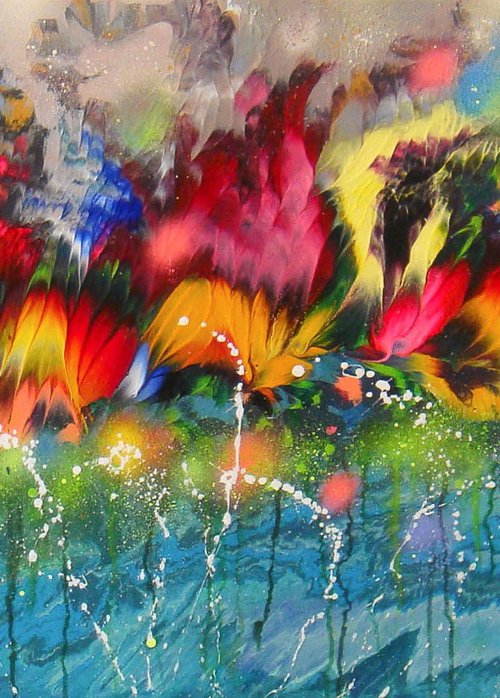 "Flowers in Water" Floral LARGE Abstract Painting by Irini Karpikioti