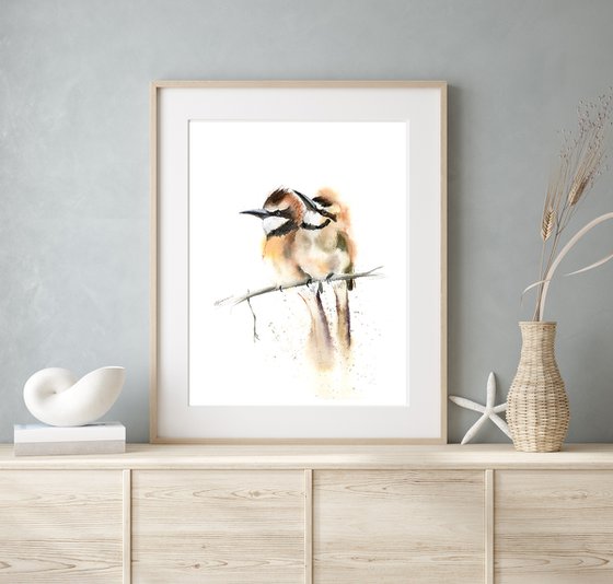 Two white throated bee eater birds  -  Original Watercolor Painting