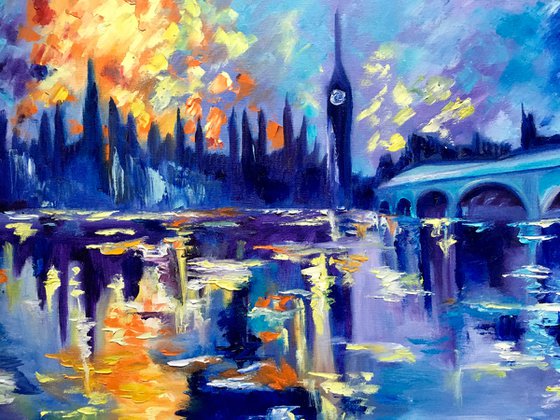 Sunset in London. House of Parliament. LARGE OIL PAINTING