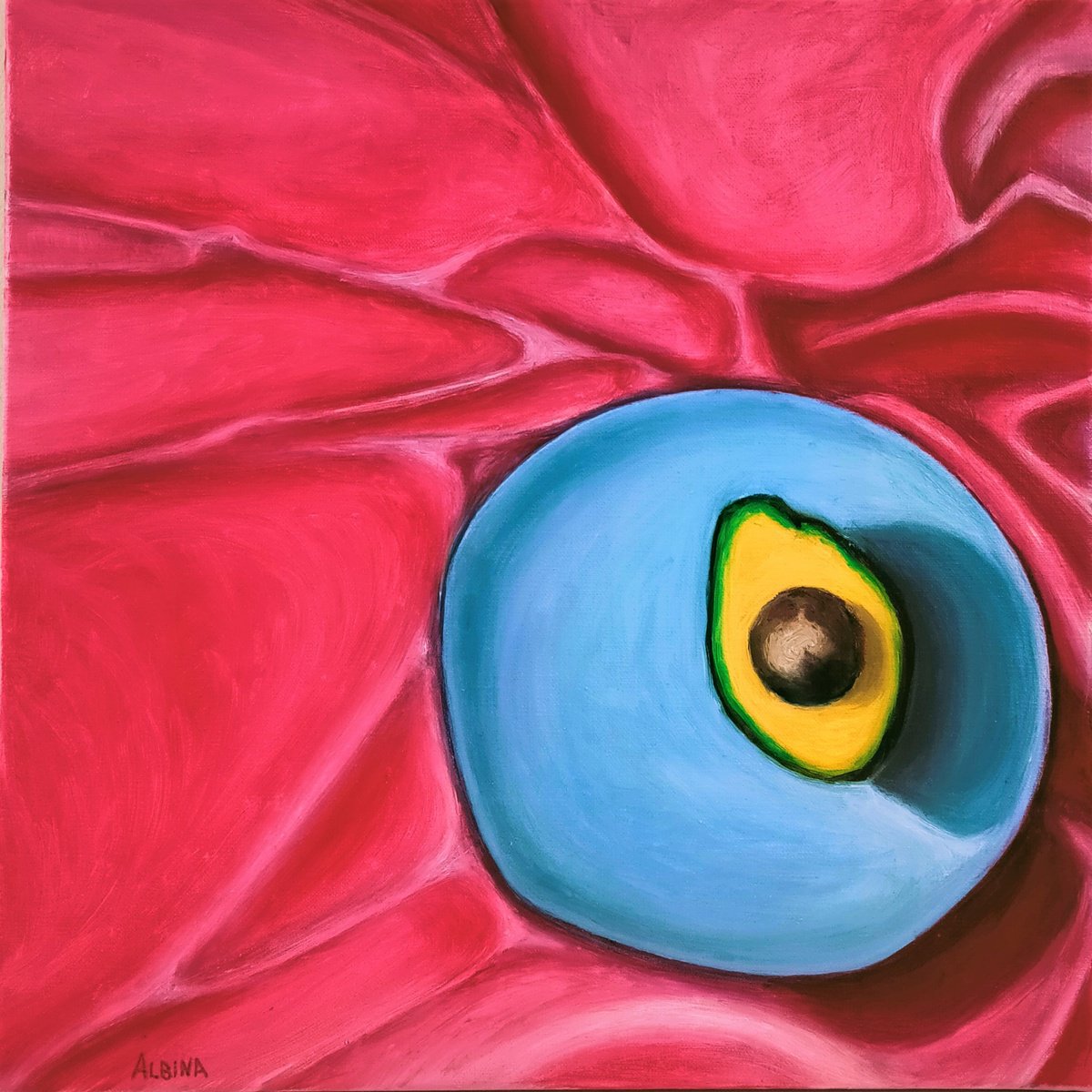 Impressionistic Still Life Oil Painting By Albina Urbanek, 16 X 16, Avocado Still Life, Original Artwork
