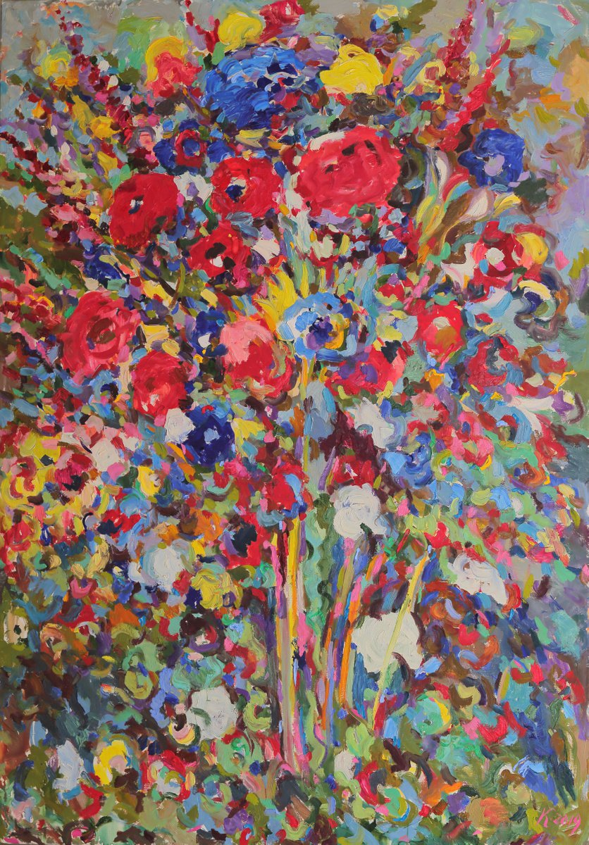 FLOWERING BUSH - floral art, abstract vivid original oil panting large size, interior art by Karakhan