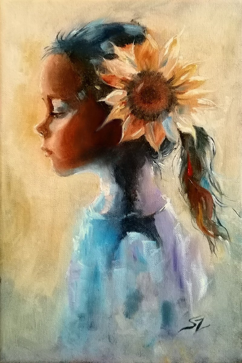 Impressionistic Portrait Oil Painting By Susana Z. Harris, 8 X 12", Girl With A Sunflower, Original Artwork