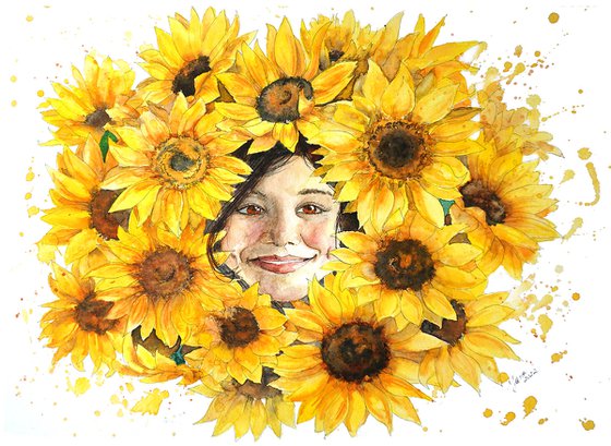 Ukrainian Girl in Sunflowers - Original Watercolor Painting - She is the Future