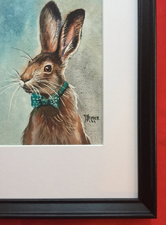 Hare in a bow tie. Mr rabbit. Christmas painting.