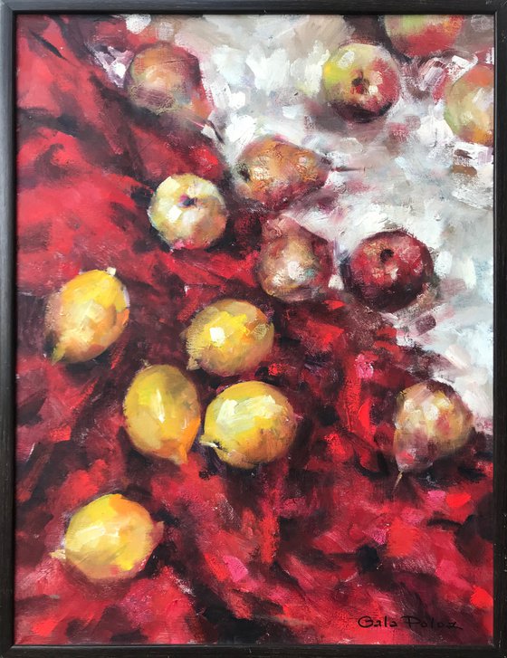 Ripe lemons on red silk.  Still life, gift, original, contemporary.
