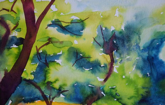 Blooming forest abstract landscape, original watercolor painting, Botanical garden