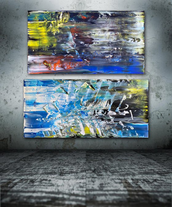 Soul Searching - Original PMS Abstract Acrylic Painting Diptych On Recycled Wood and Wooden Desk Panels - 55" x 54"