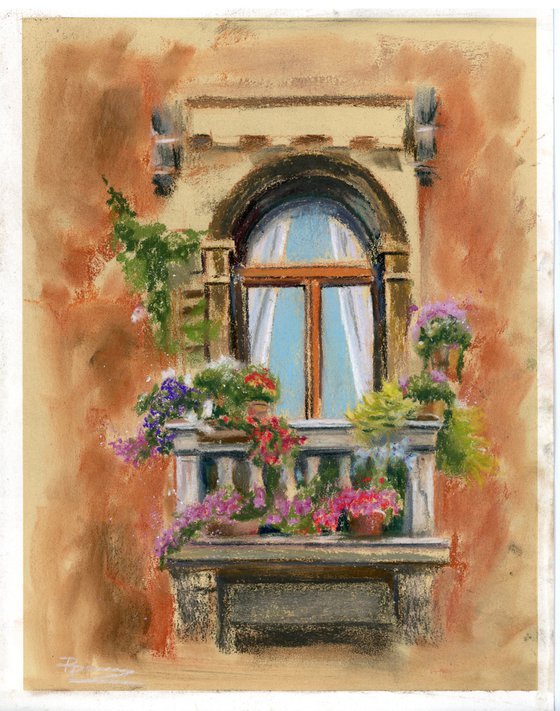 Balcony with flowers (pastel)