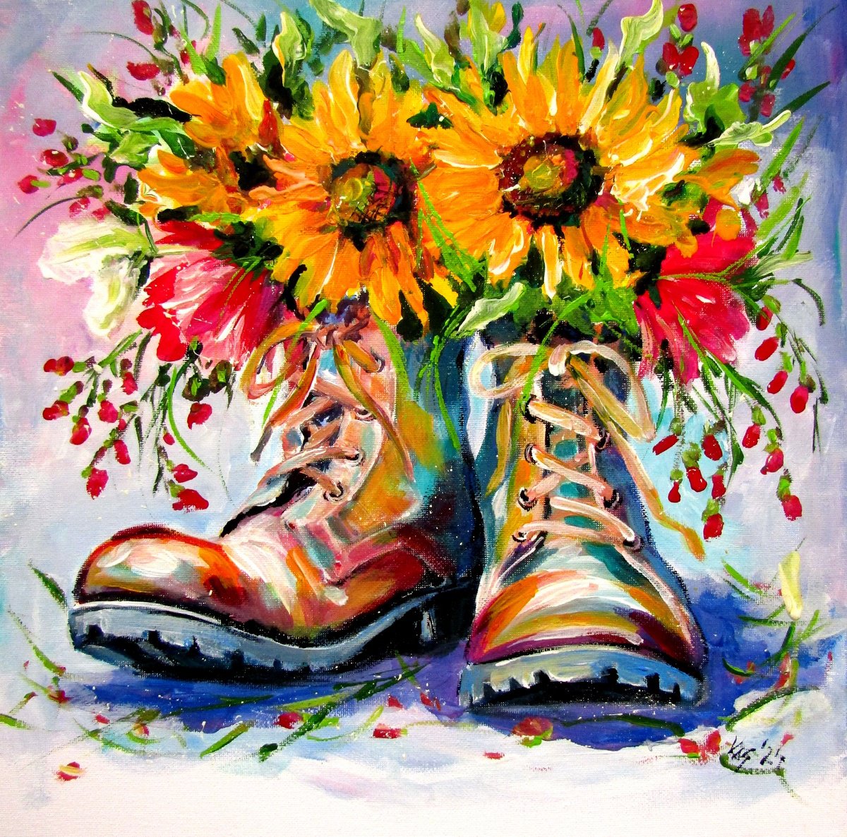 Flowers With Boots By Kovacs Anna Brigitta, 13 X 13, Artwork For Sale On Artfinder