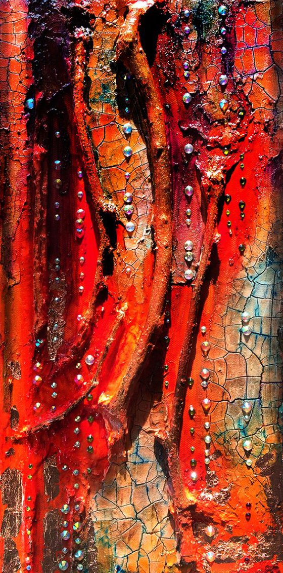 Abstract Painitng The Golden Garden, Tree painting, Bright colors, textured, Rhinestone, Glass Art, Organic, Modern Painting, Wall Sculpture