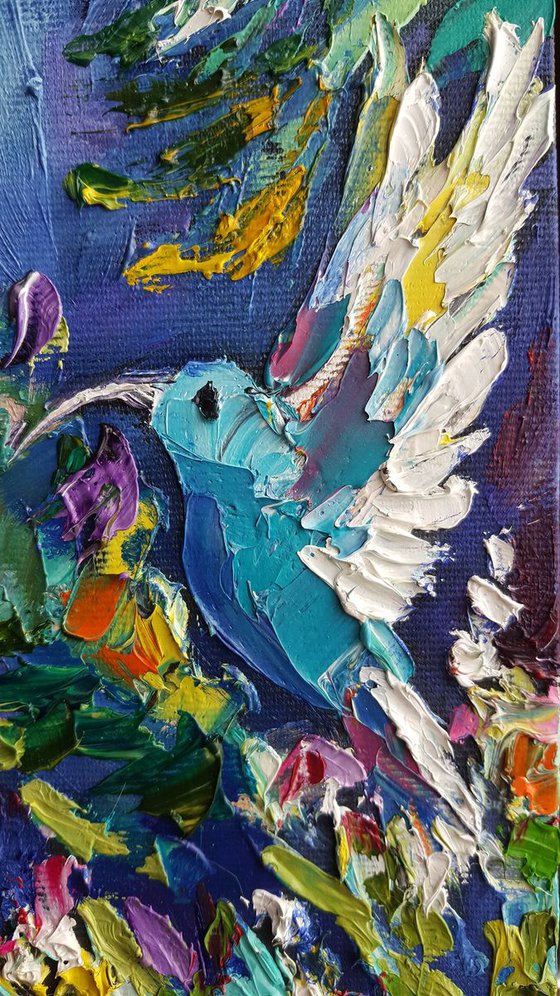 Depth of the sky -  humming bird, painting on canvas,animals oil painting, art bird, Impressionism, palette knife, gift.