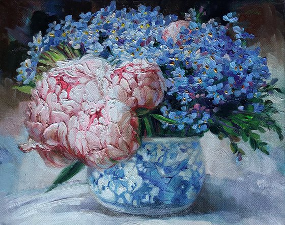 Peony oil painting original Forget-me-not flowers art canvas, Blue flowers in a vase paintings small