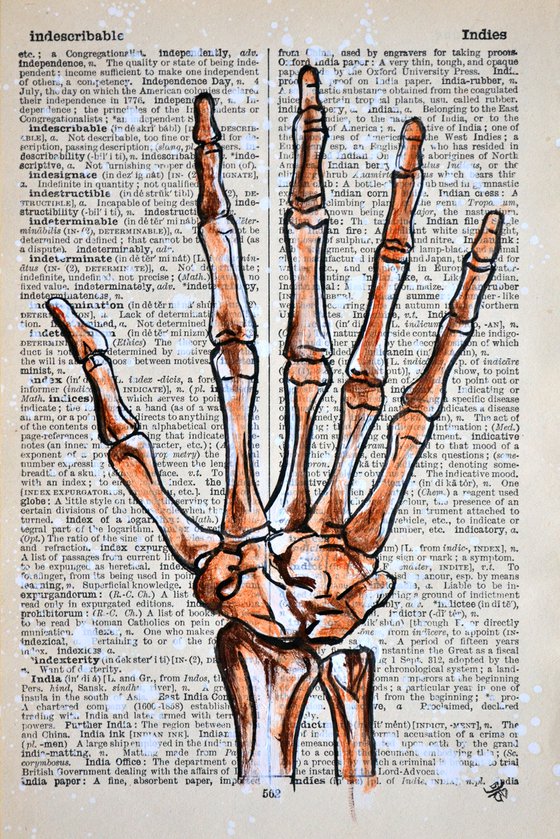 Helpful Hand - Collage Art Hand Bones on English Dictionary Vintage Page