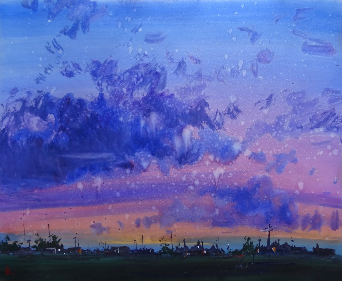 Impressionistic Landscape Watercolour By Maksym Kisilov, 23 X 19", "Crimson Evening", Original Artwork