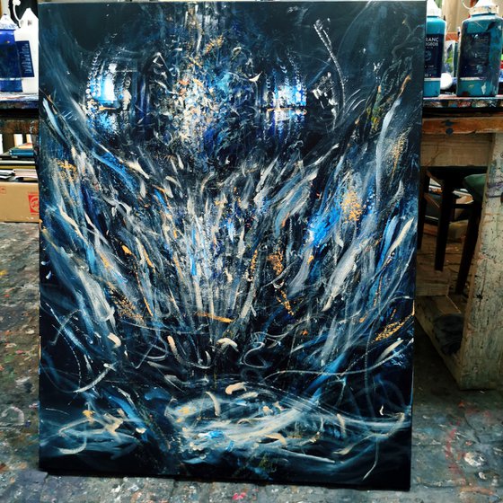 Large Spontaneous Dark Blue Angel Series Painting By KLOSKA