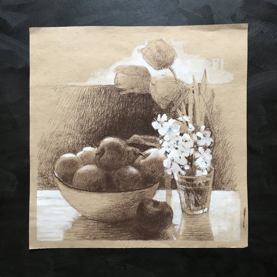 Still life with apple and flowers. Original charcoal drawing